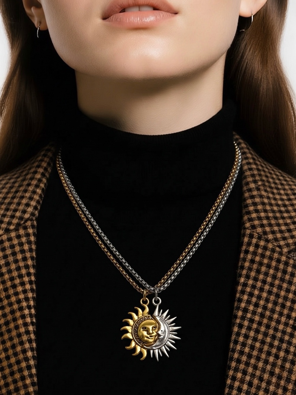 Sun and Moon Two-Tone Pendant Necklace - Gold & Silver 2 necklace set